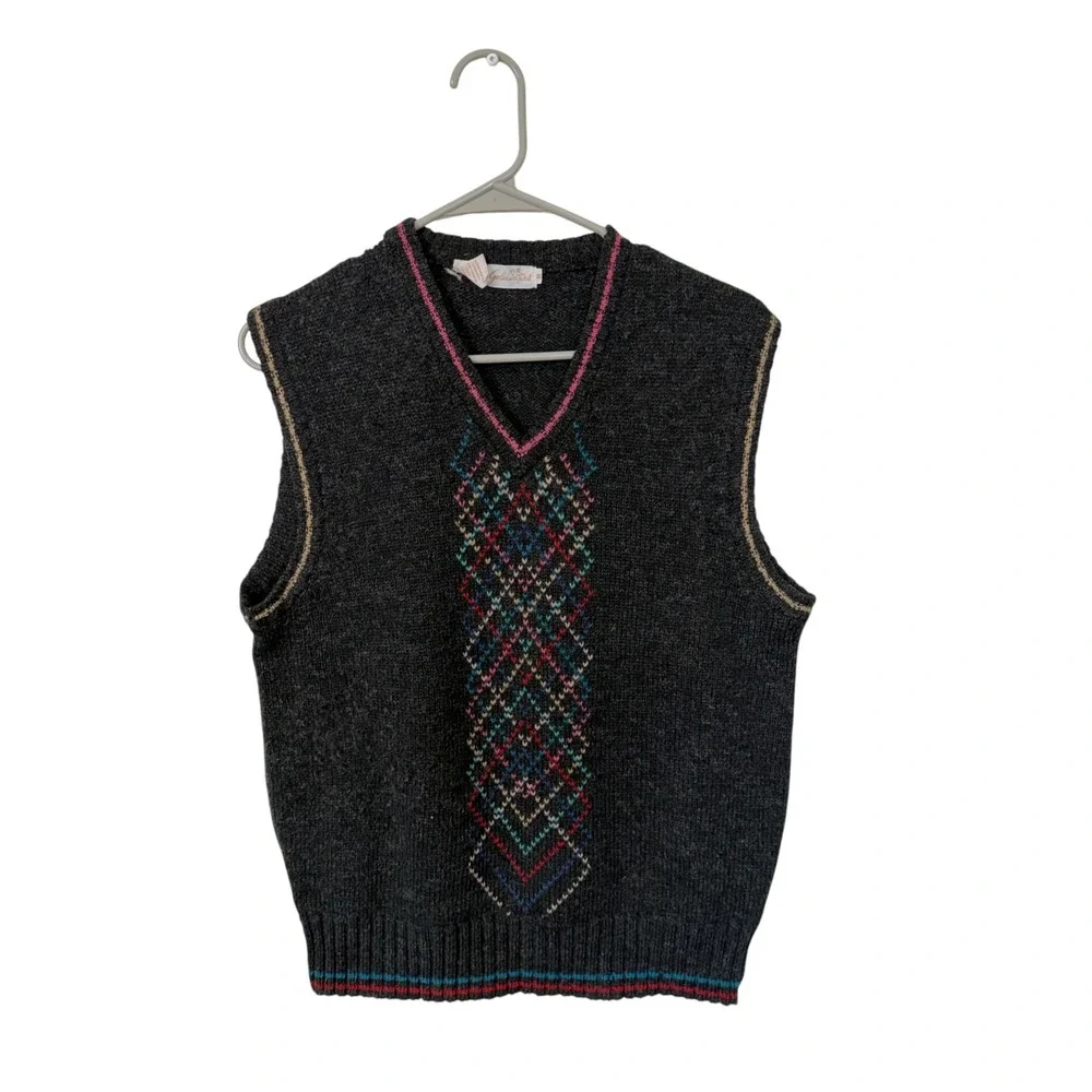 Goldwaters Gray Multicolor Geometric 100% Virgin Wool Sweater Vest, M
